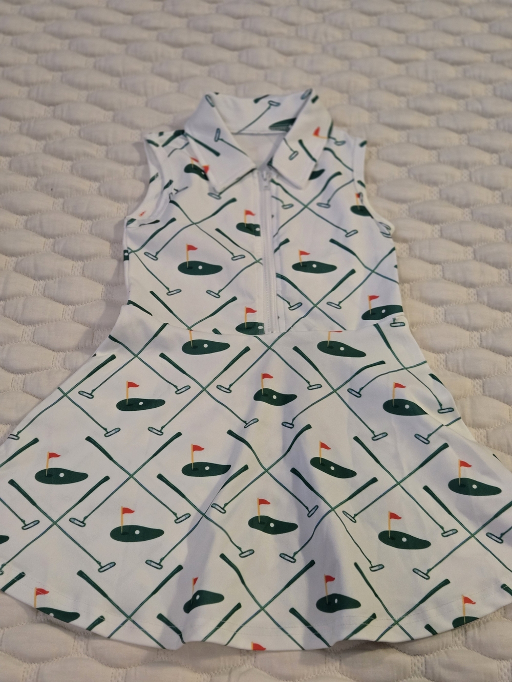 Unbranded Girl Sleeveless Golf Themed Dress White Flare Green Golf Size 100 (4t)